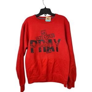 Hand Printed Upcycled Mens Small Red Pray Jesus Crucifix Long Sleeve Sweatshirt